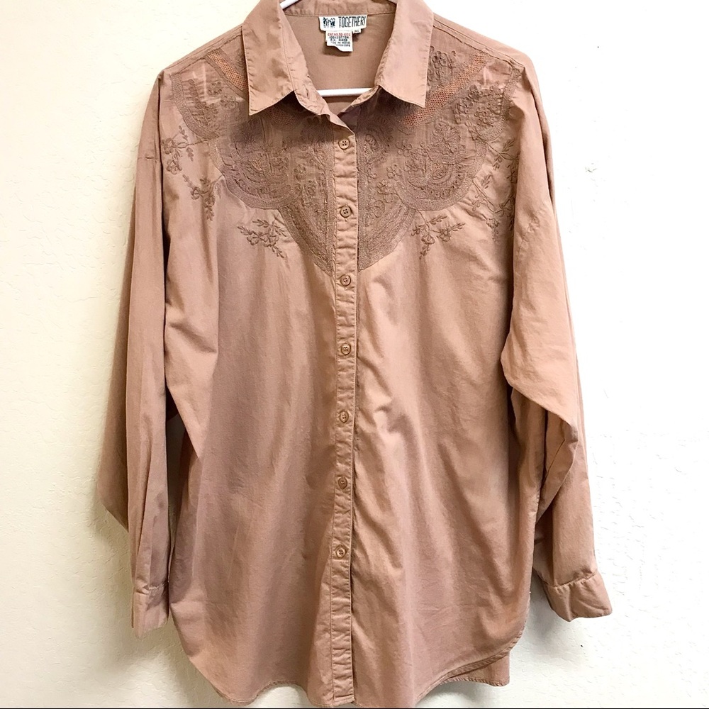 Vintage 90’s Together Cotton Oversized Embroidered Sheer Yoke Button Down Top XL